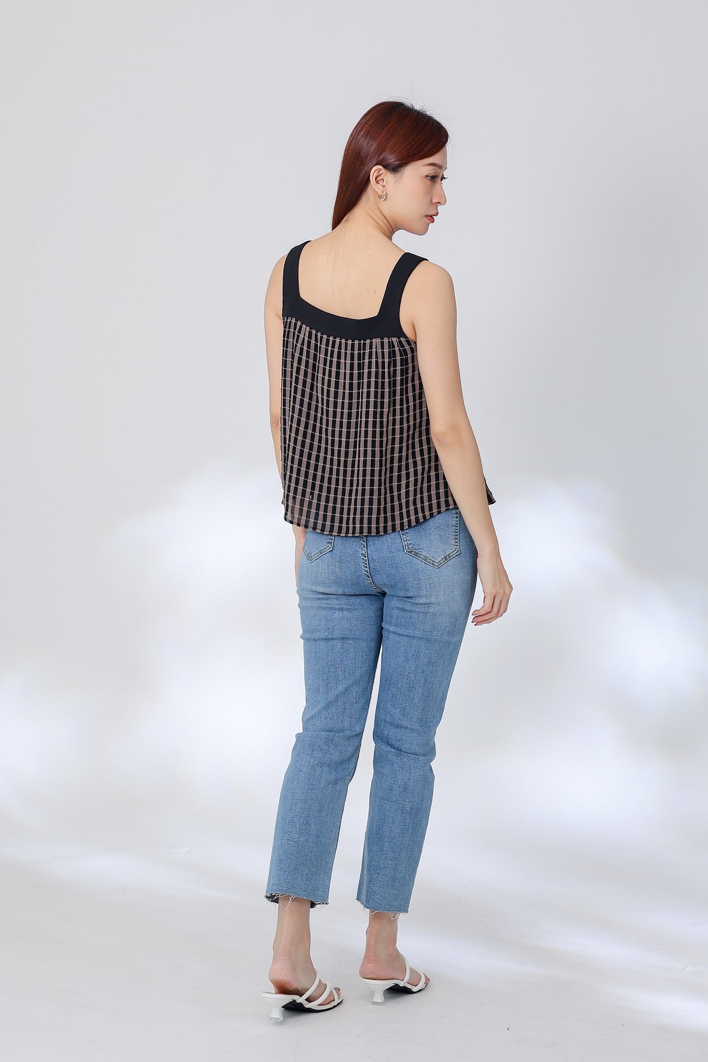 Rebekka Gingham Square Neck Top - Brown
