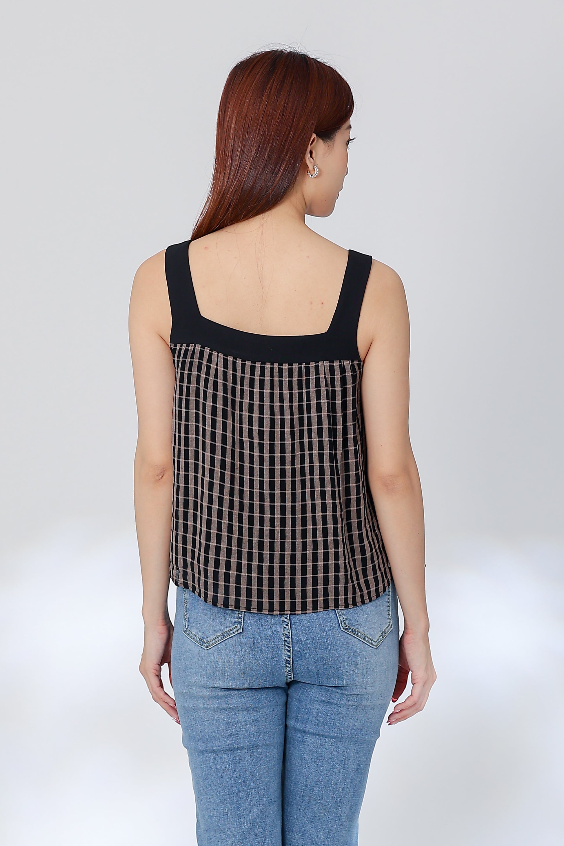 Rebekka Gingham Square Neck Top - Brown