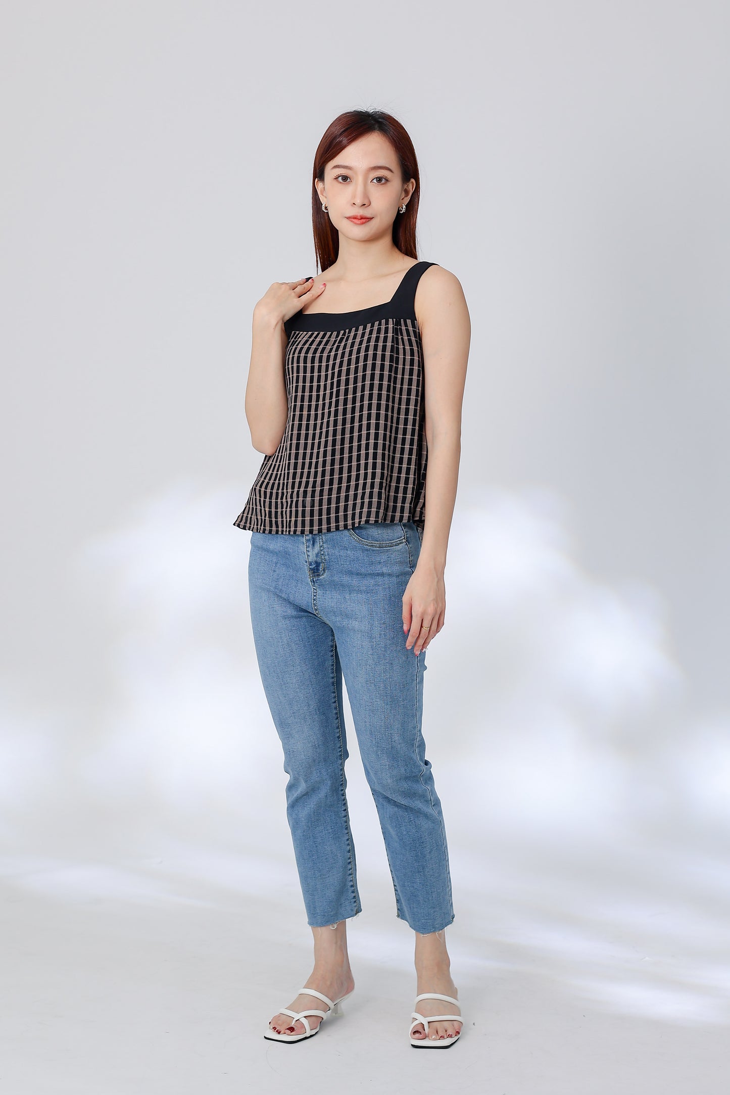Rebekka Gingham Square Neck Top - Brown