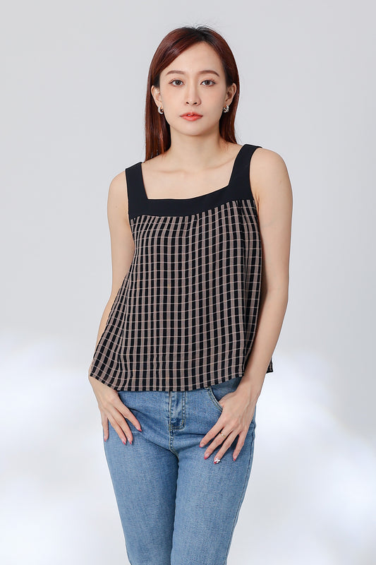 Rebekka Gingham Square Neck Top - Brown