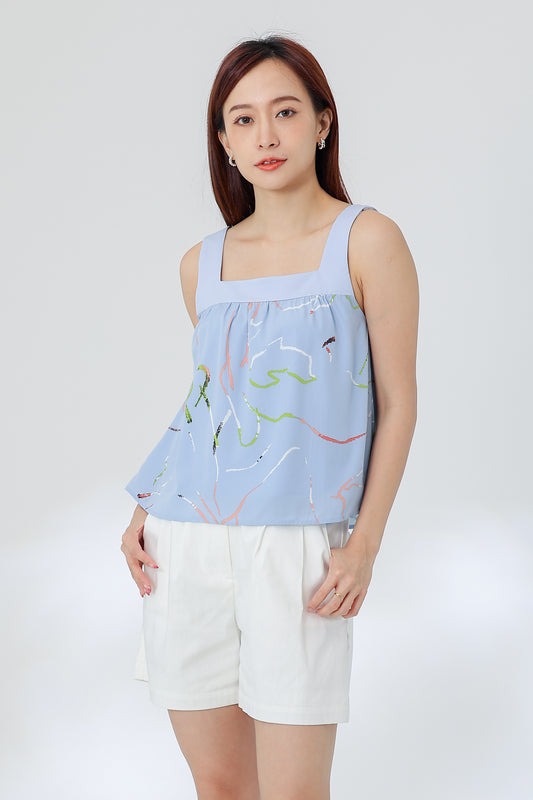 Rebekka Printed Square Neck Top - Blue