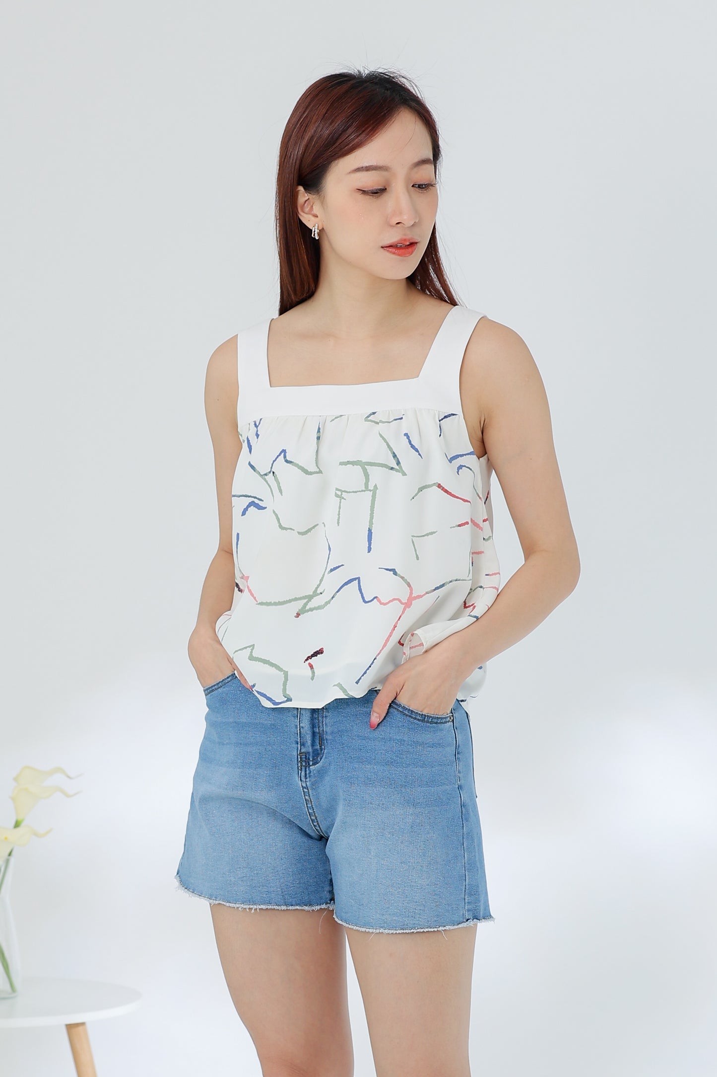 Rebekka Printed Square Neck Top - Ivory