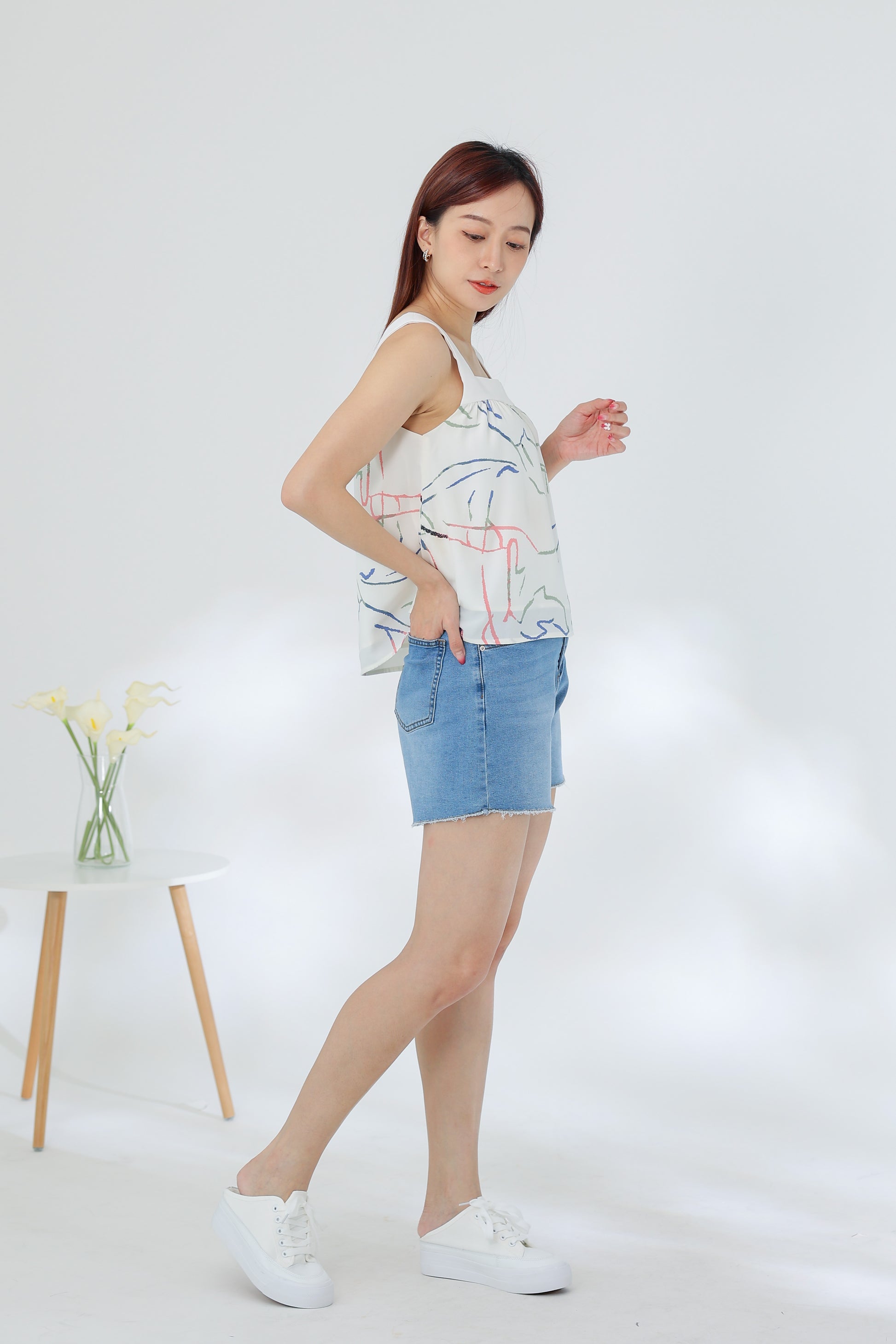 Rebekka Printed Square Neck Top - Ivory