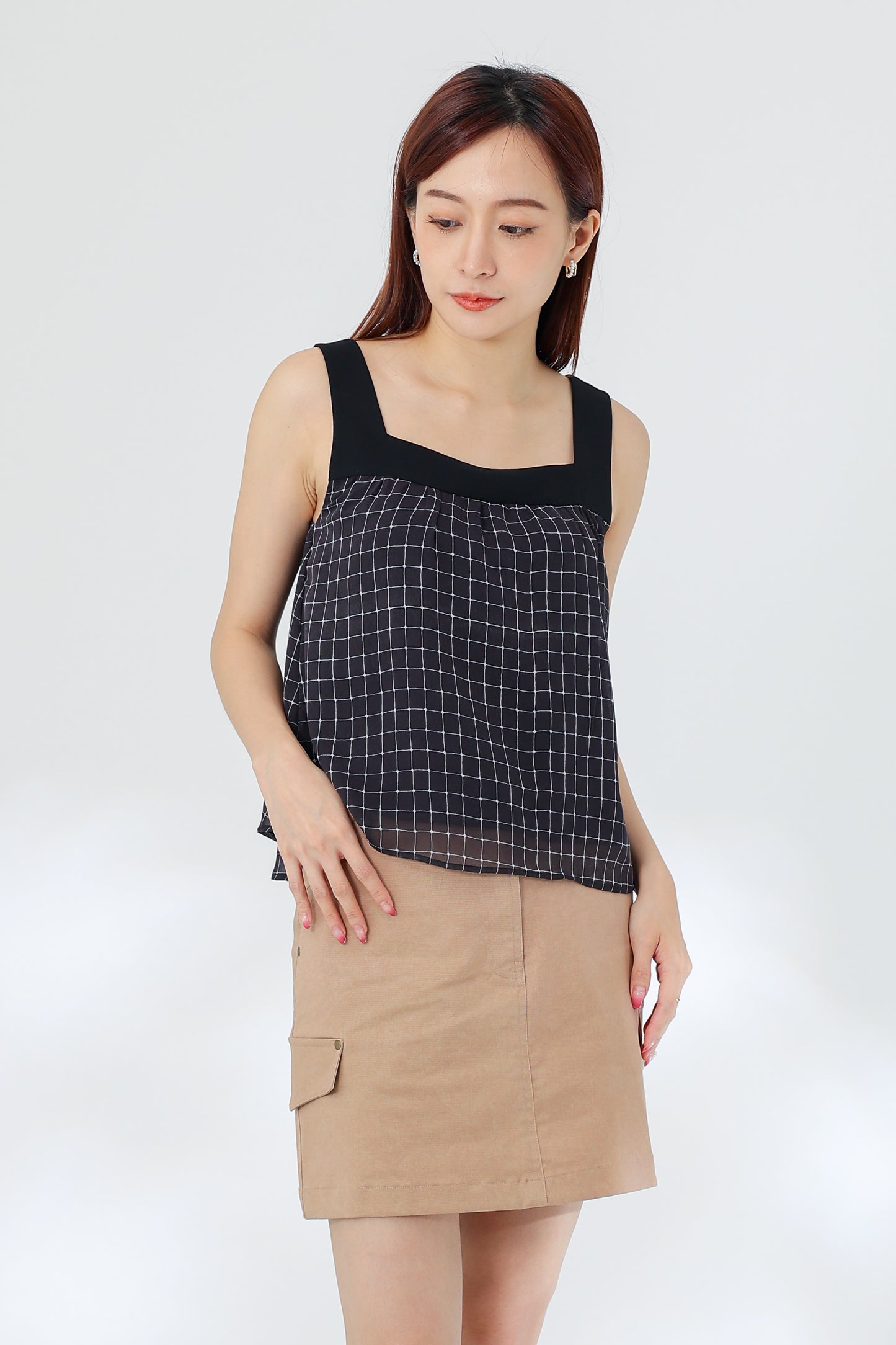 Rebekka Gingham Square Neck Top - B&W