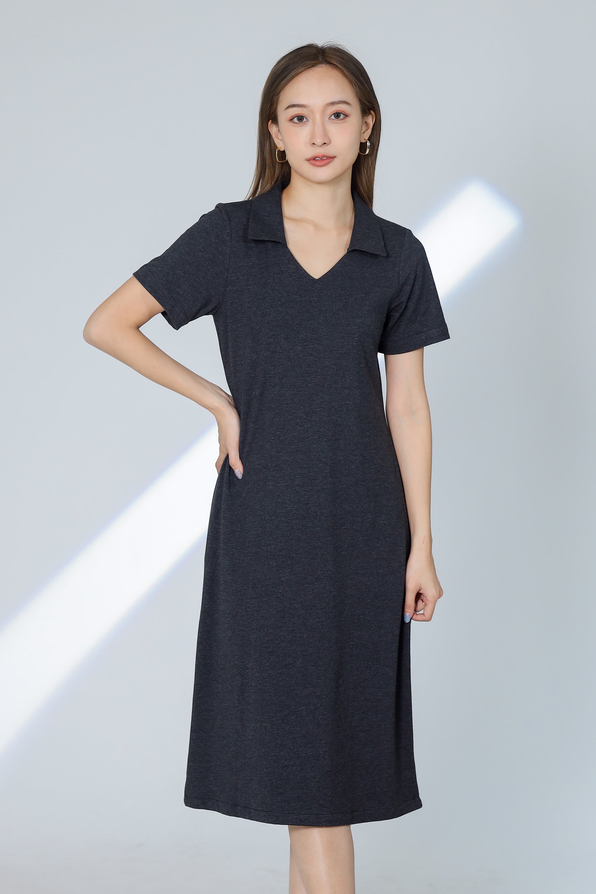 Rubi Collar V-Neck Collared Dress - Charcoal