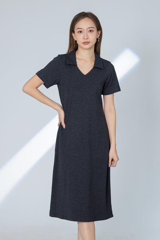 Rubi Collar V-Neck Collared Dress - Charcoal