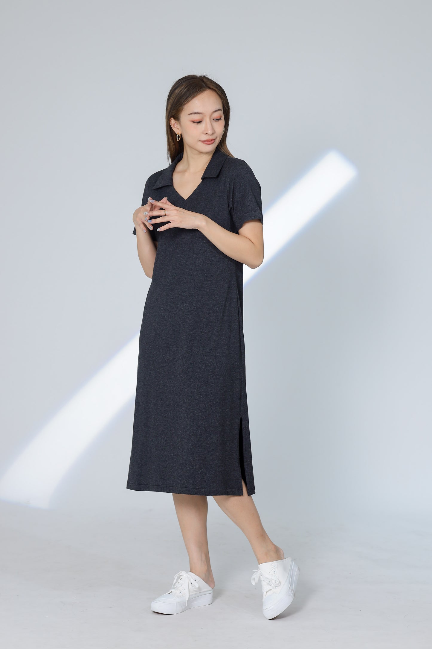 Rubi Collar V-Neck Collared Dress - Charcoal
