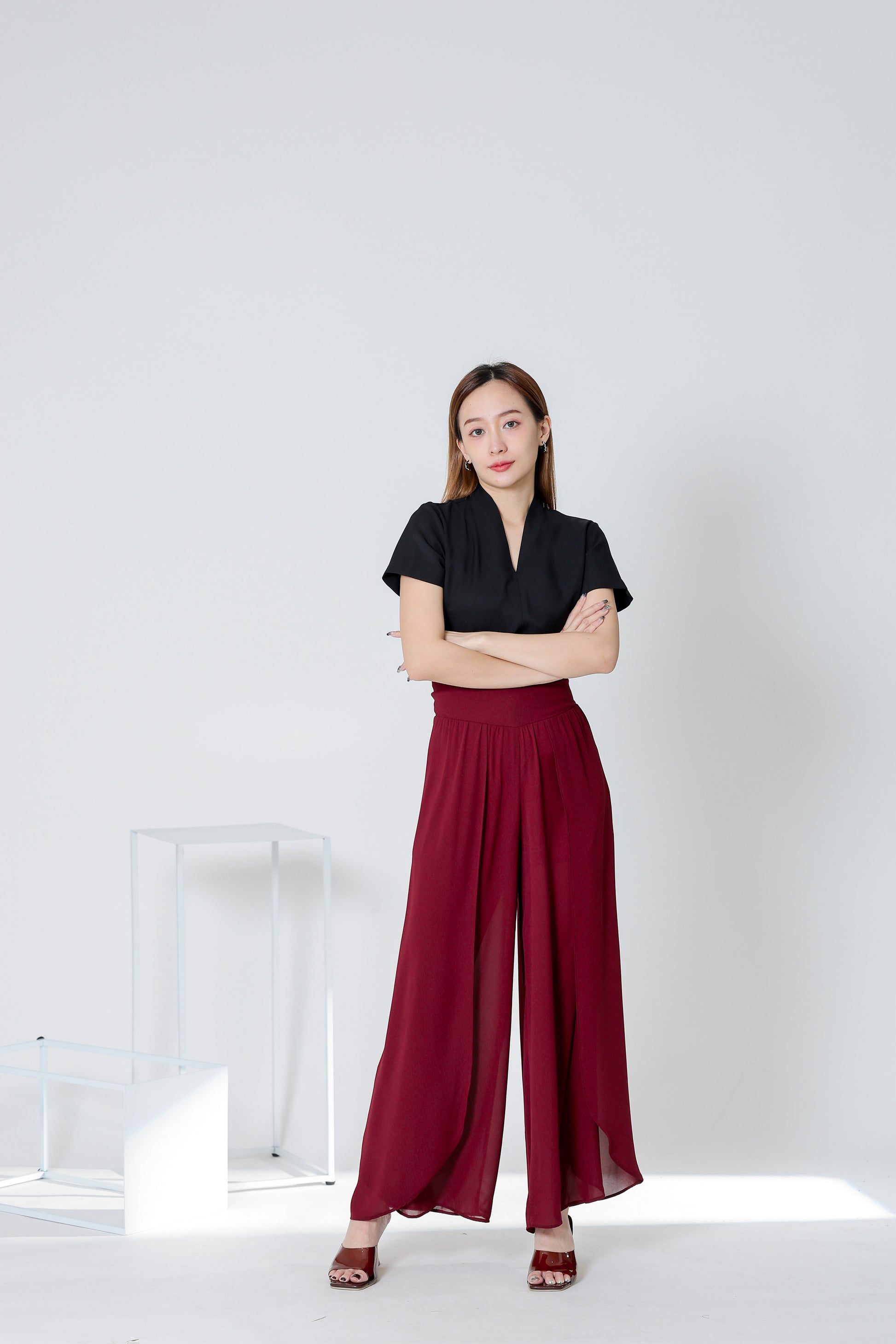 Sofia Overlapped Chiffon Skort - Maroon