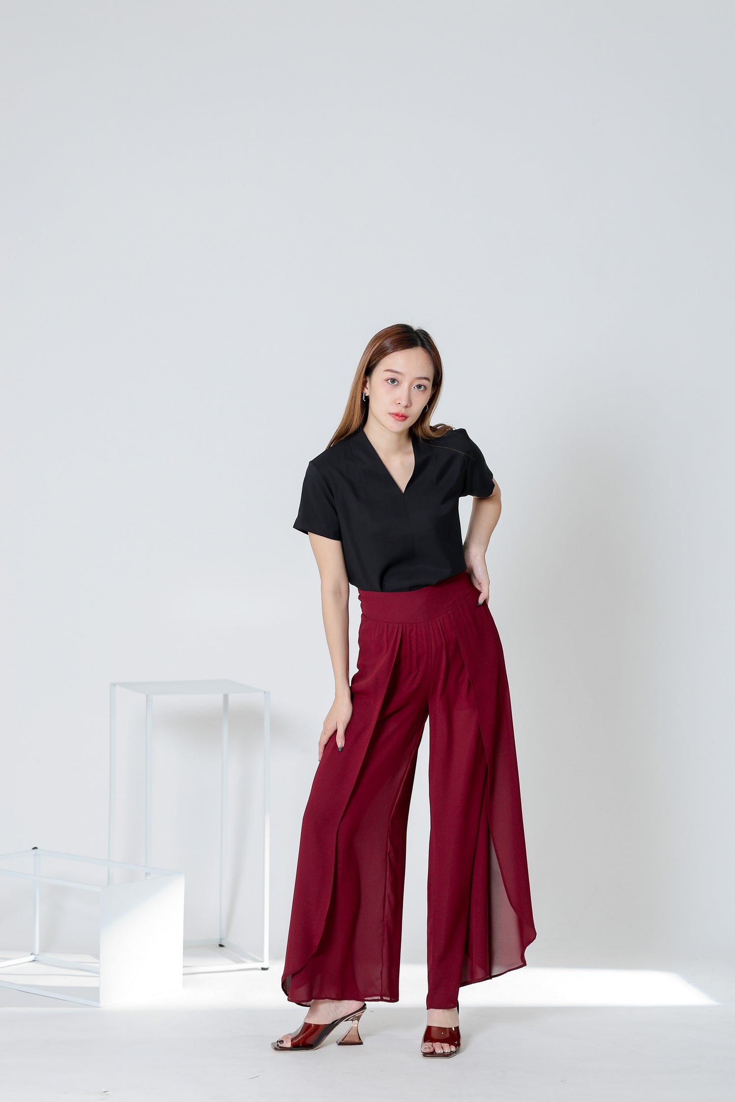 Sofia Overlapped Chiffon Skort - Maroon