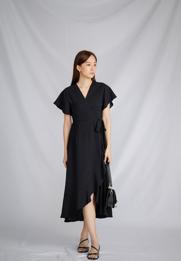 Talisha Surplice Wrapped Midi Dress - Black