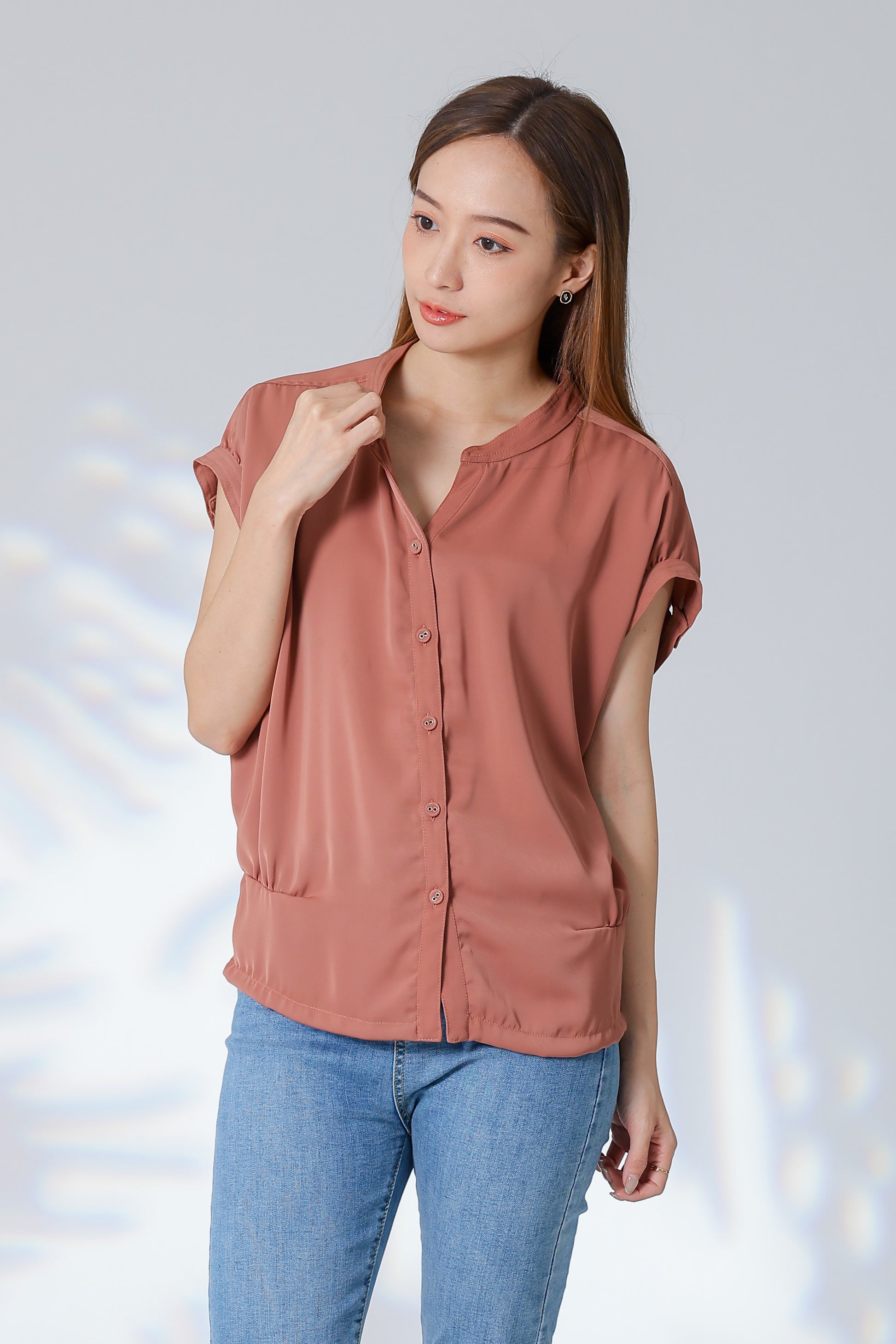 Trisa Mandarin Collar Blouse - Brown