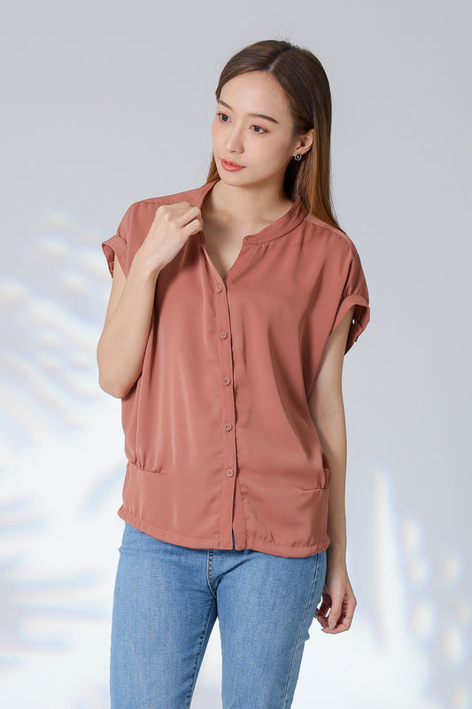 Trisa Mandarin Collar Blouse - Brown