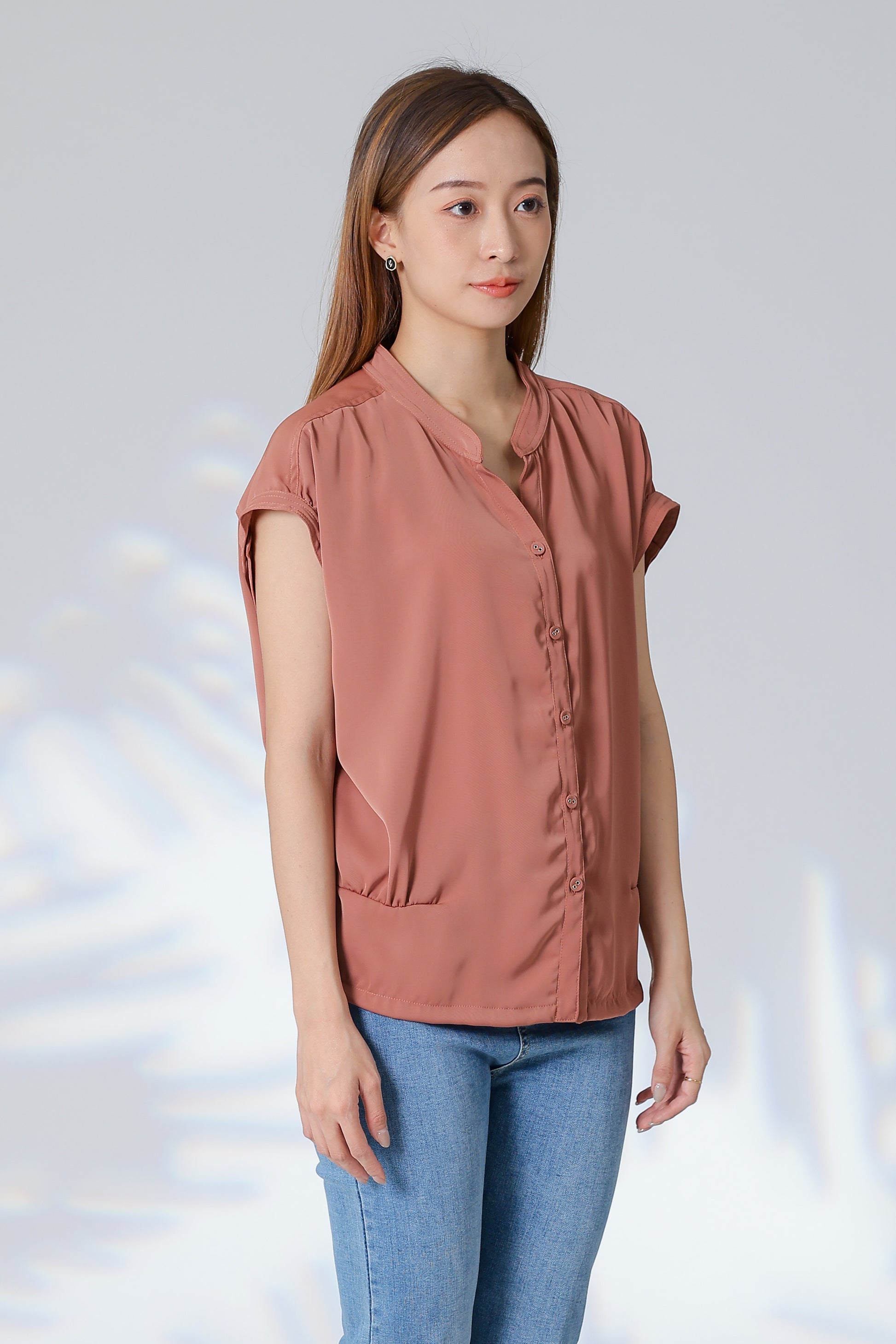 Trisa Mandarin Collar Blouse - Brown