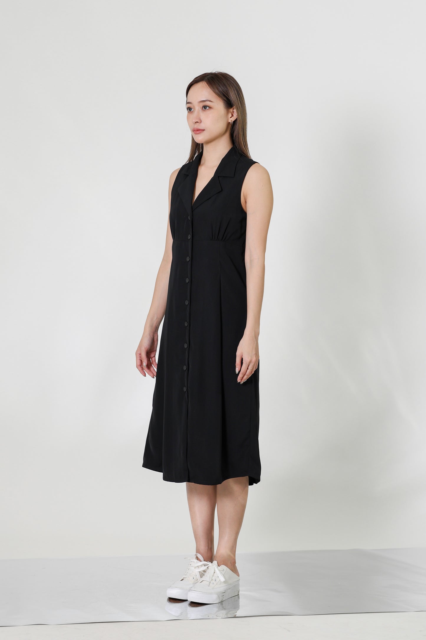 Valene Button-Down Collared Dress - Black