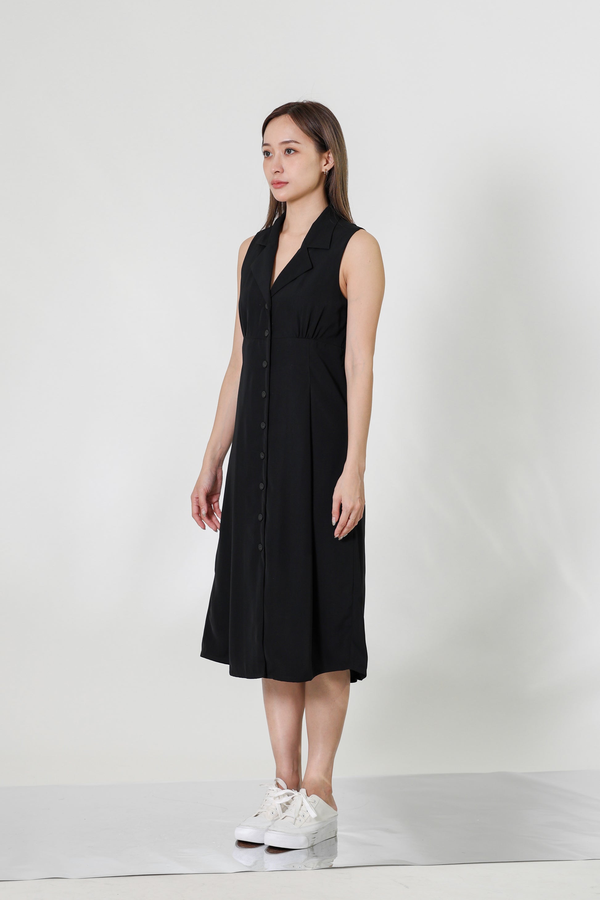Valene Button-Down Collared Dress - Black