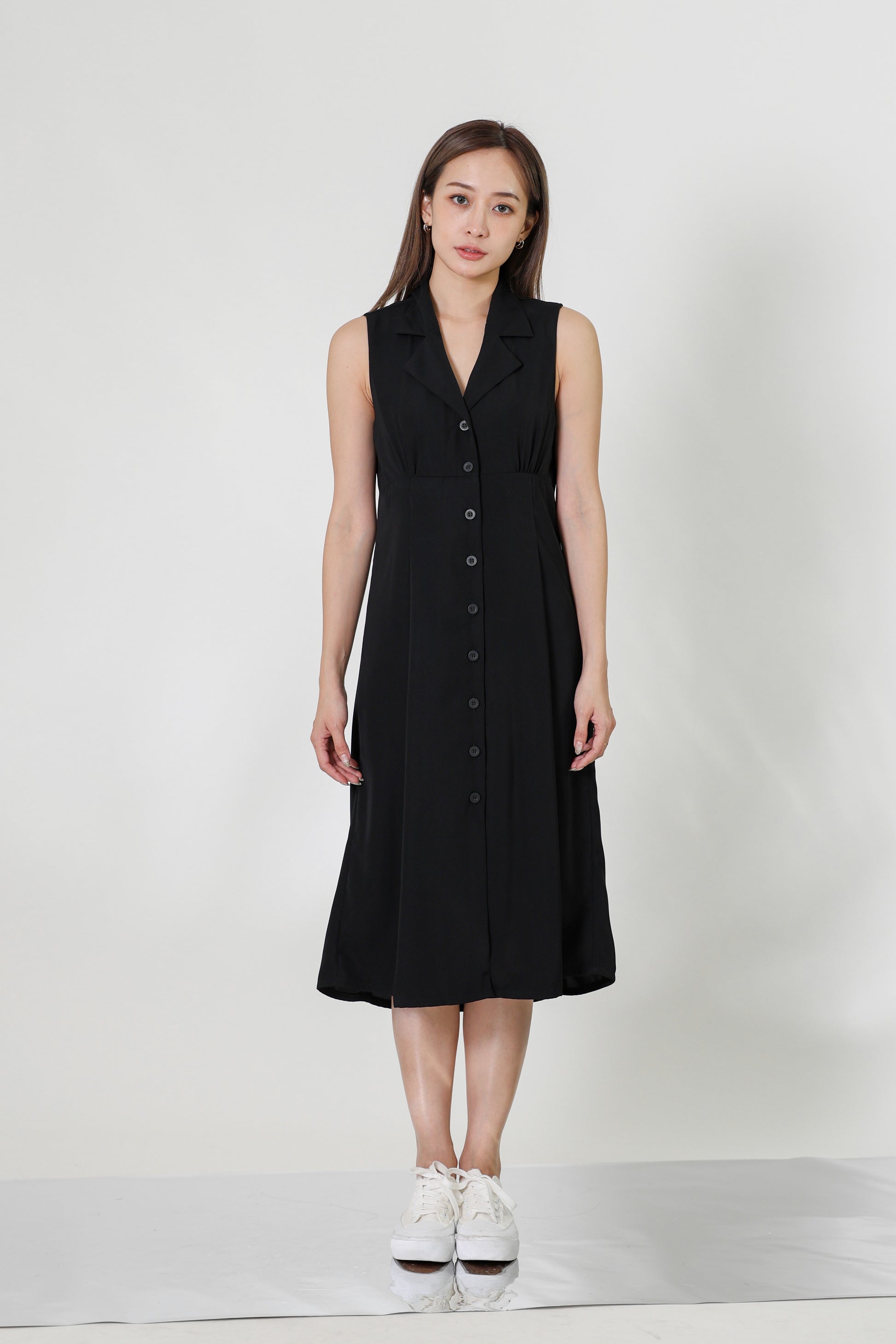 Valene Button-Down Collared Dress - Black