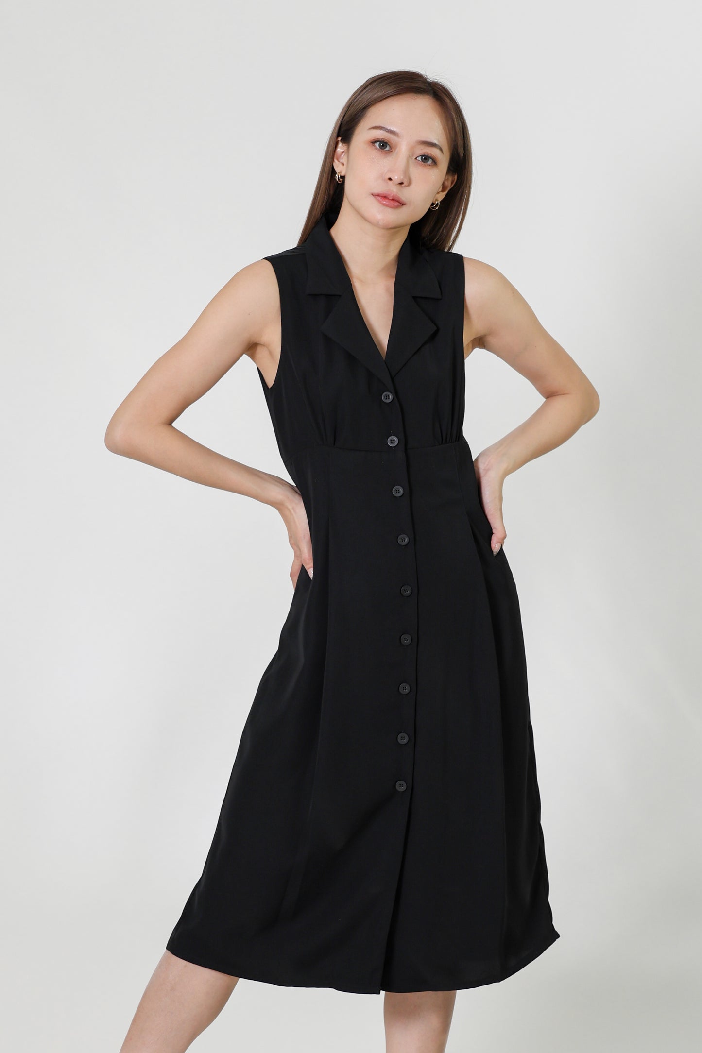 Valene Button-Down Collared Dress - Black