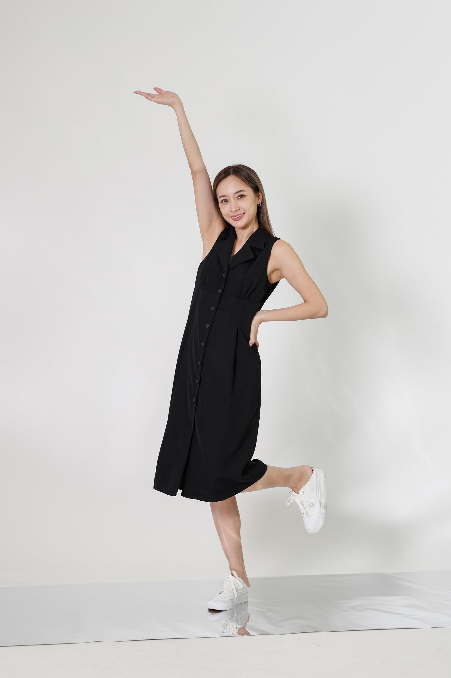 Valene Button-Down Collared Dress - Black