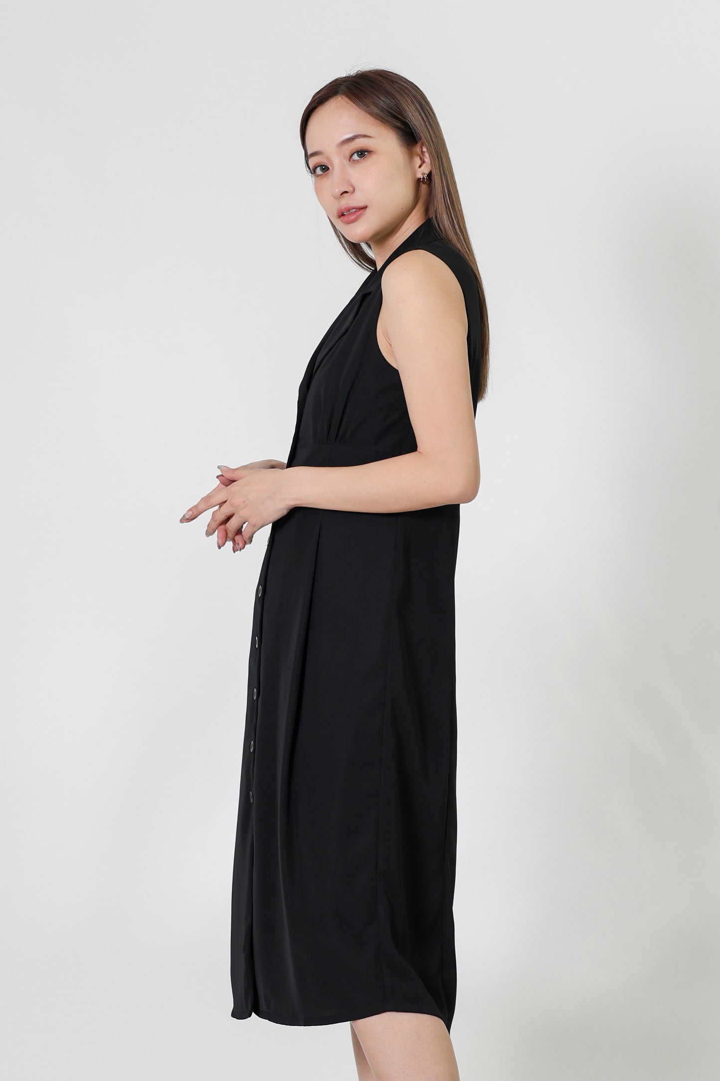 Valene Button-Down Collared Dress - Black