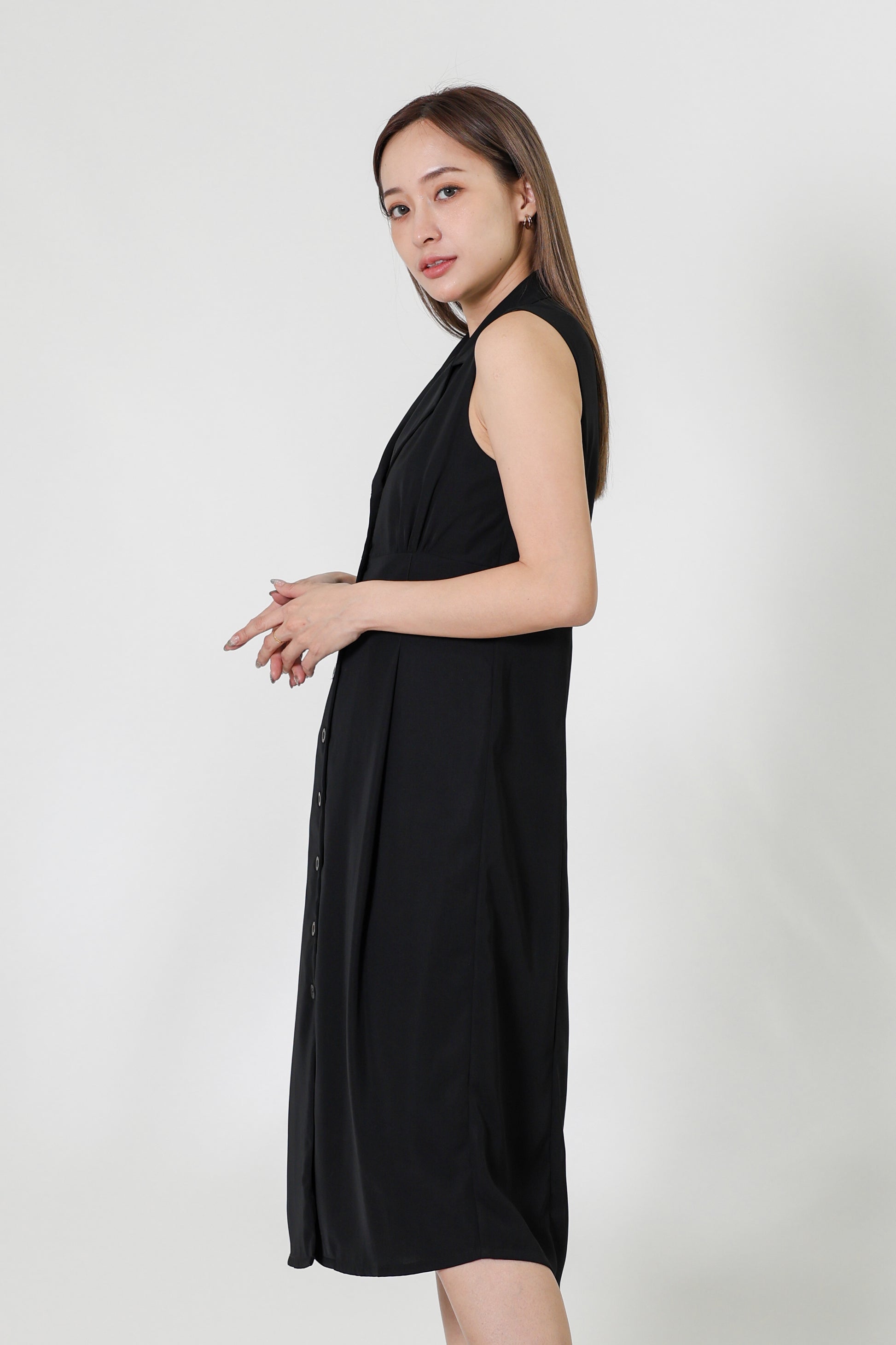 Valene Button-Down Collared Dress - Black