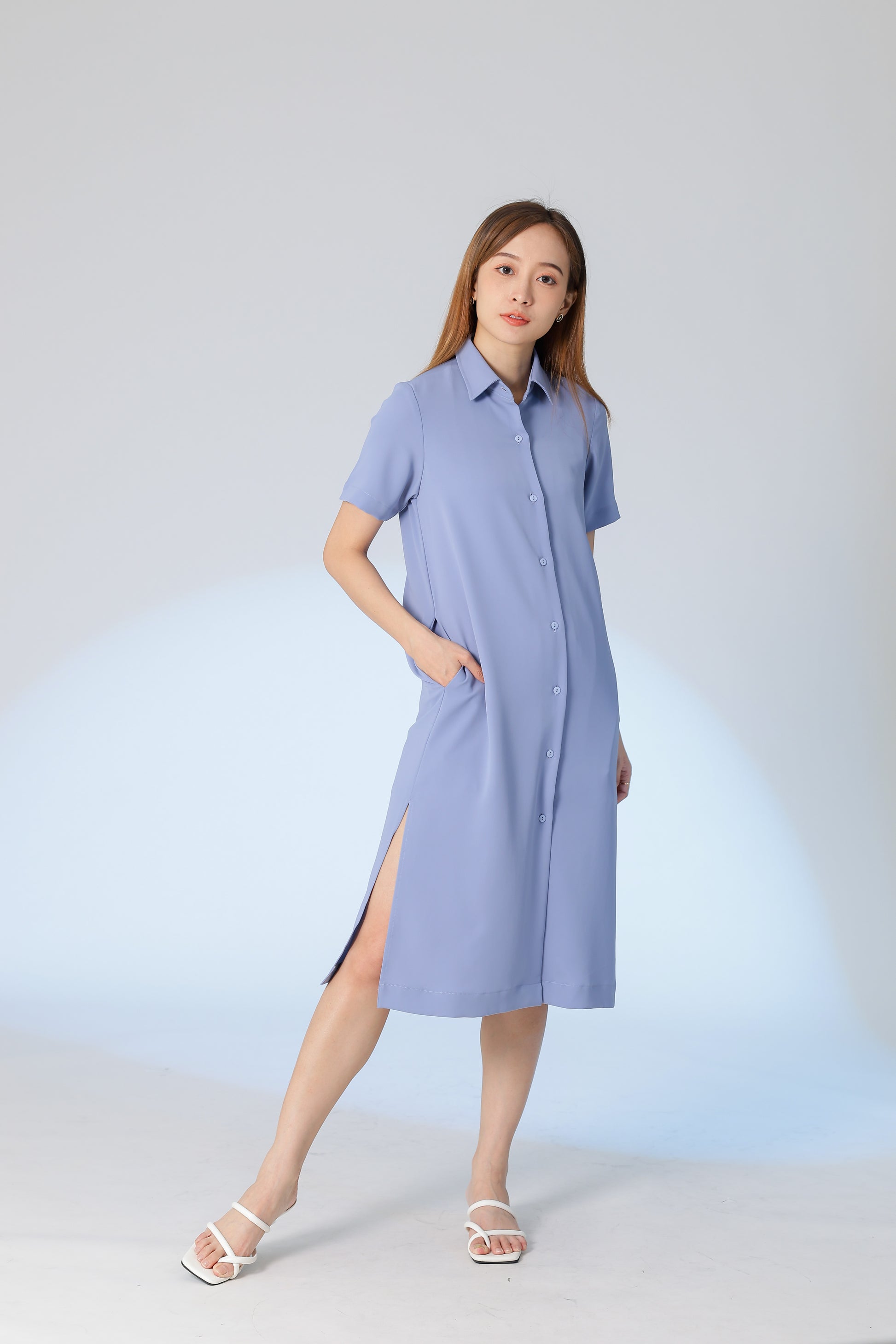 Vivian Collared Shirt Dress - Blue